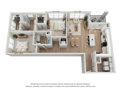 Floor plan for 2 beds, 2 baths, 1368 sqft